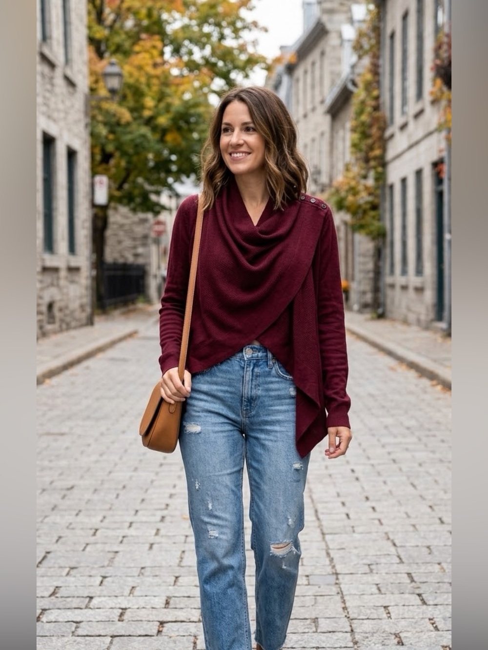 White House Black Market Burgundy Draped Open-Front Sweater